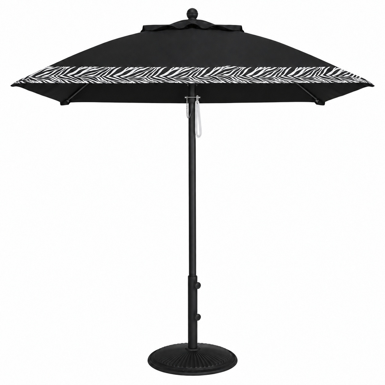 HD65FPUL-SQU black square umbrella with zebra trim, pulley cord, pin and safety chain