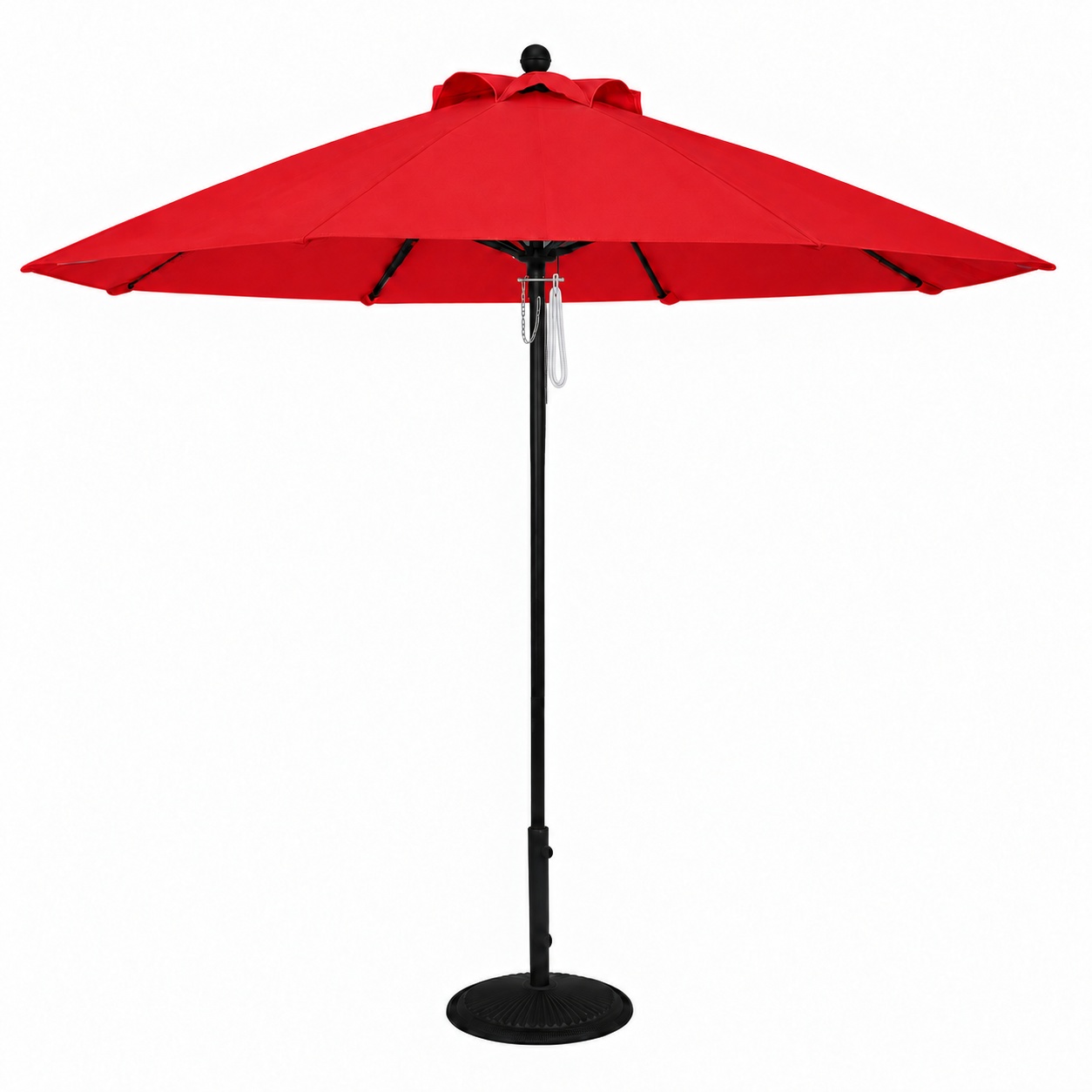 Red umbrella with matching pulley cord pin and chain